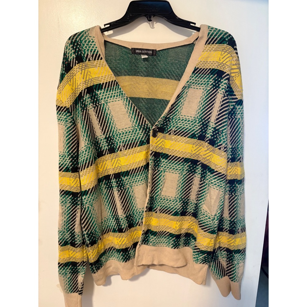 Urban Outfitters Mens Green Yellow Plaid Knit V-Neck Cardigan Sweater Large